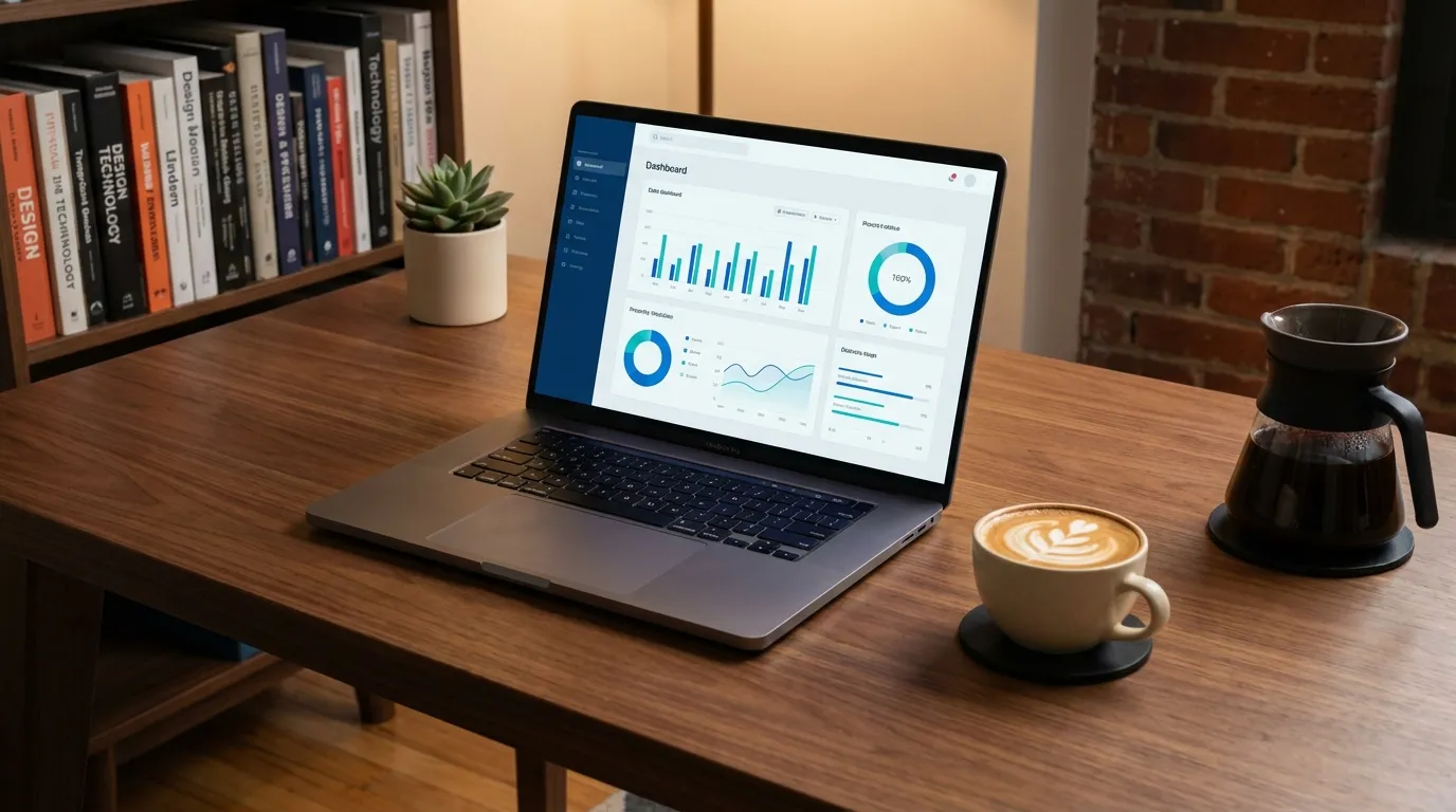 Moderner Arbeitsplatz mit Laptop, Dashboard und Kaffee